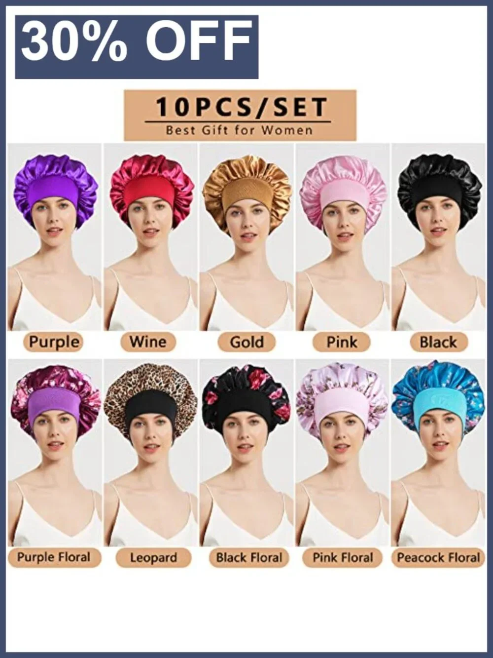 10 Pack Satin Bonnets for Women Wide Band Sleeping Hair Bonnet
